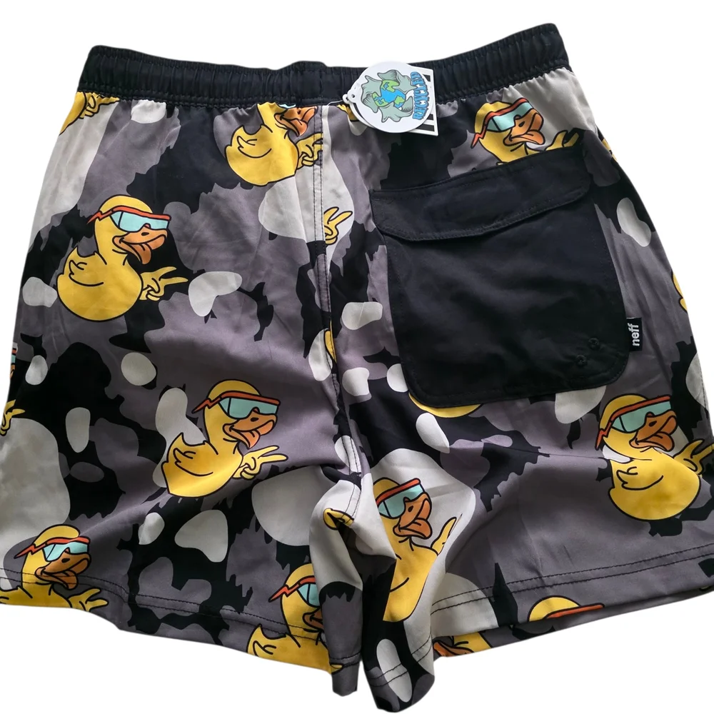Neff Yellow Duck Print Board Shorts - Black and Gray Size L